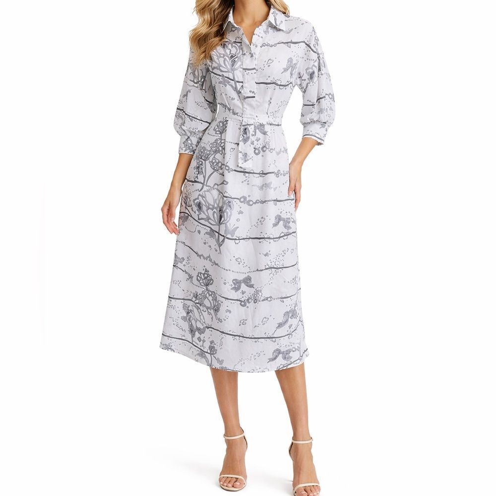 Antropologie Eva Franco White Dress Abstract Art Deco Print in Gray Rare SZ 6